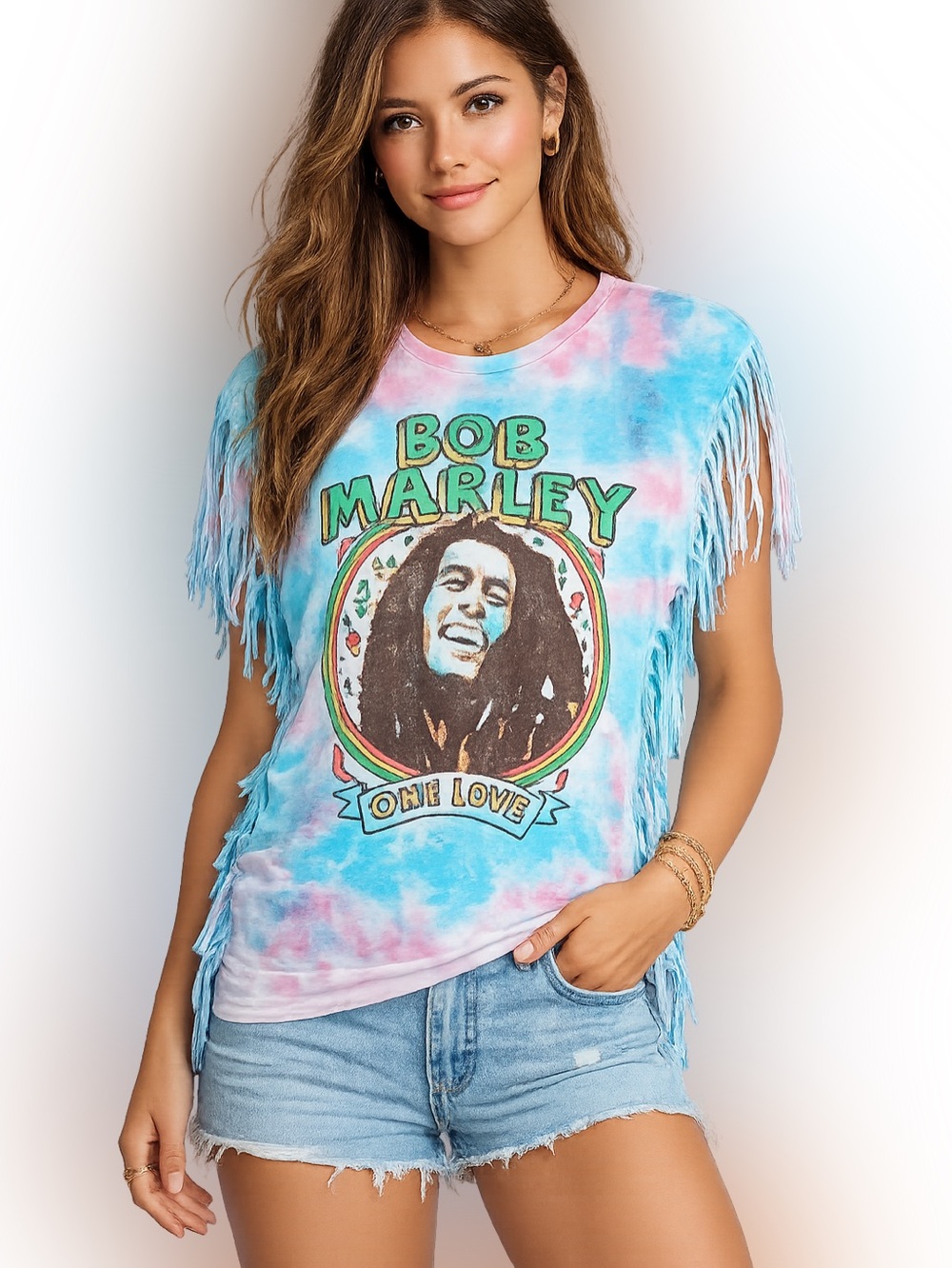 Bob Marley upcycle One Love Tie-Dye Fringe Tee - Blue & Pink size L Ptp 20